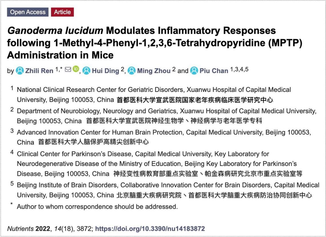 研究新知丨灵芝提取物延缓帕金森病恶化和抗炎症有关——来自首都医科大学宣武医院团队的研究成果